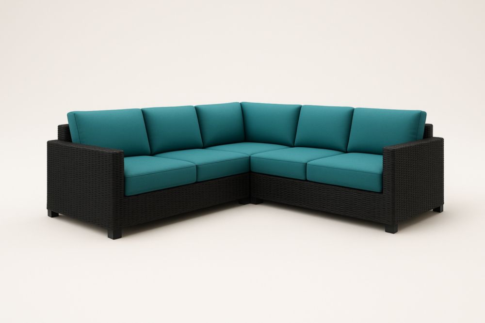 Divano angolare in polyrattan con cuscini in poliestere Blu