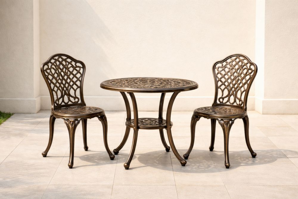 Set tavolo e sedie da esterno in alluminio marrone rotondo