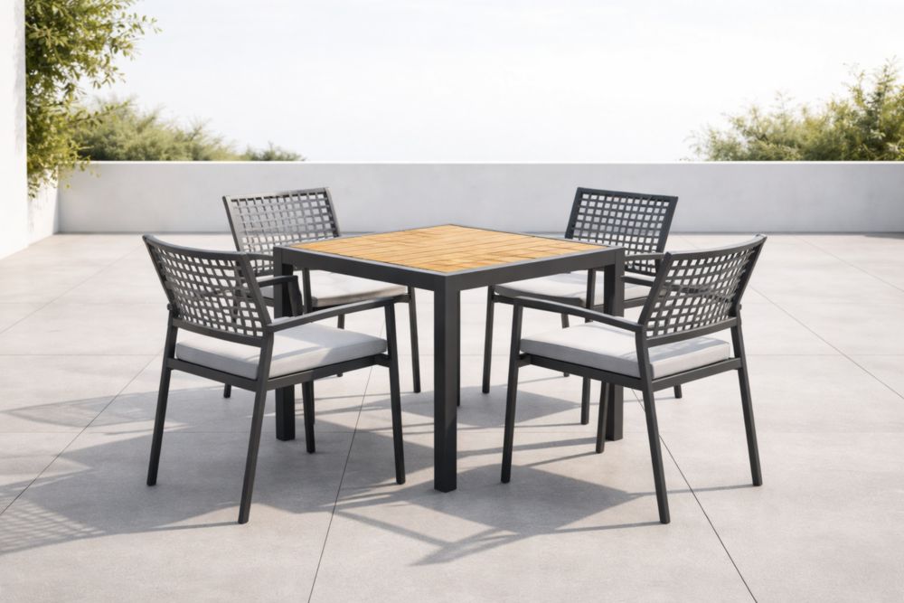 Set Tavolo Quadrato da Esterno in Metallo e Legno con 4 Sedie