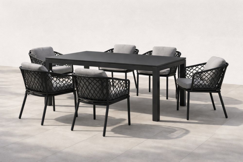 Set tavolo da pranzo in alluminio nero con 6 sedie in rattan con cuscini grigi