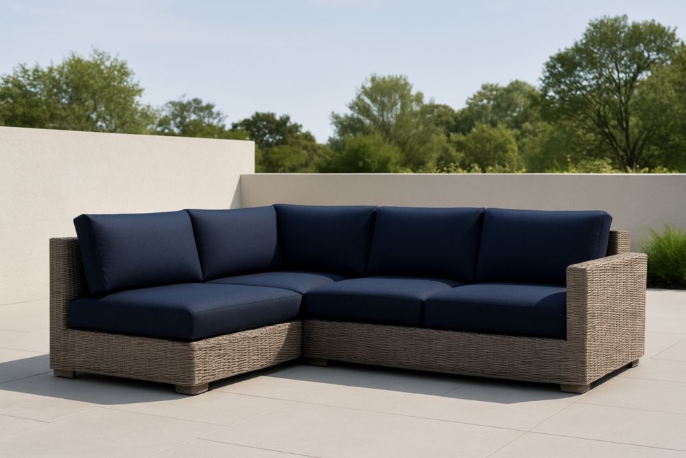 Divano Angolare da Esterno in Rattan con Cuscini in Tessuto Blu