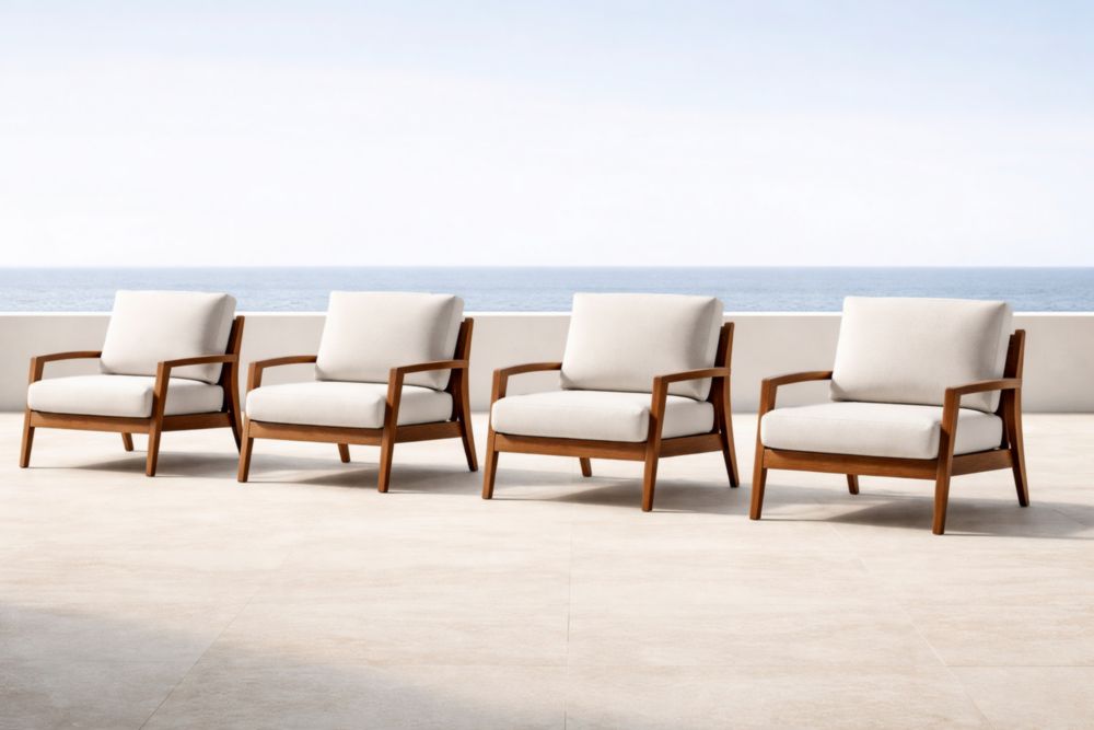 Set di 4 Poltrone da Esterno in Legno e Tessuto Bianco