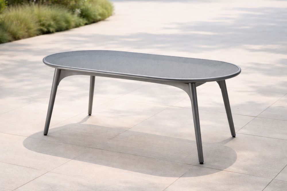 Tavolo Ovale in Alluminio Grigio con Superficie in Vetro