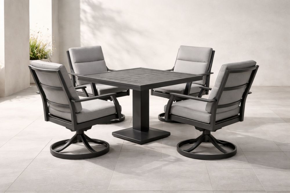 Set tavolo quadrato e sedie girevoli in alluminio tessuto grigio