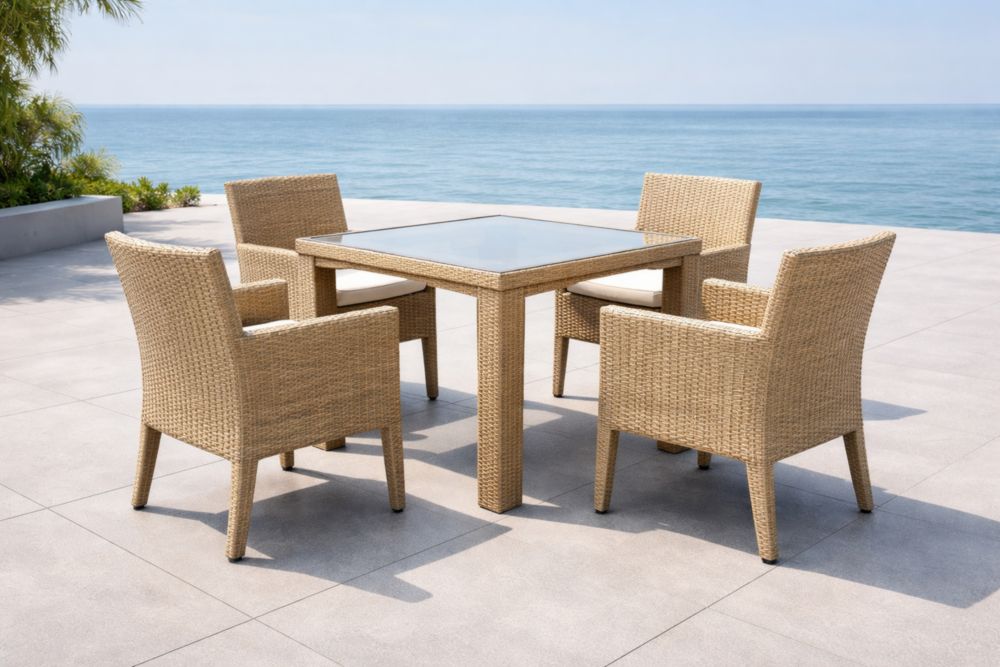 Set Tavolo Quadrato in Rattan Sintetico con 4 Sedie Beige