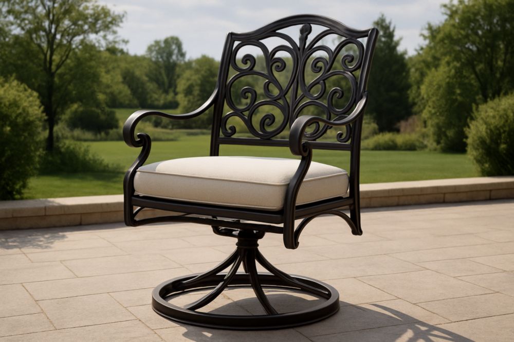 Sedia da Giardino Girevole in Metallo Nero con Cuscino Beige