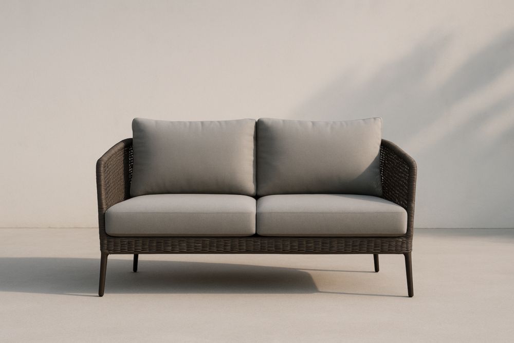 Divano Due Posti Rattan Sintetico Grigio Cuscini Poliestere