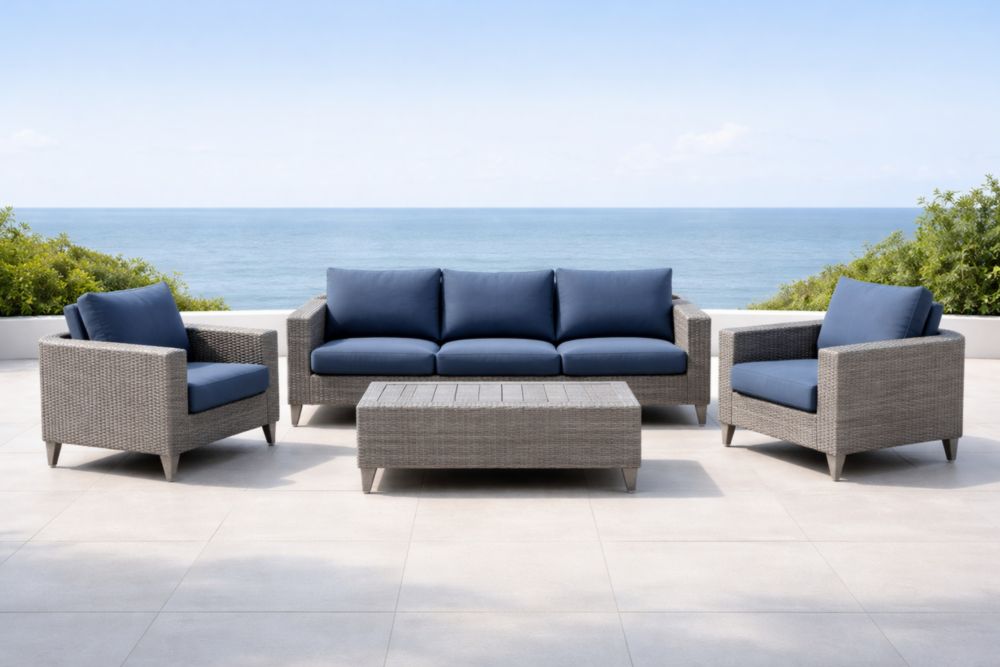 Set Divano da Giardino in Rattan con Cuscini Blu