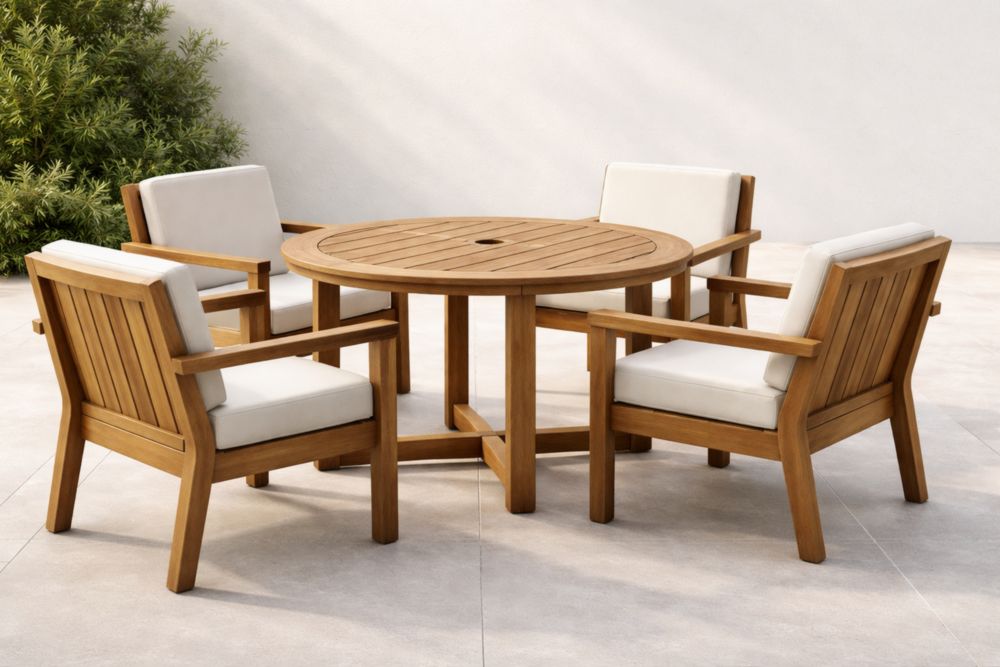Set da esterno in legno con tavolo rotondo e sedie imbottite
