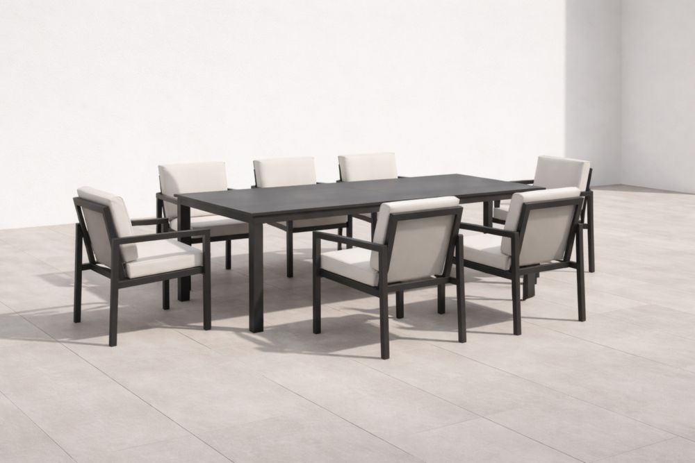 Set da Giardino in Alluminio con Tavolo Rettangolare Nero e Sedie Imbottite Bianche