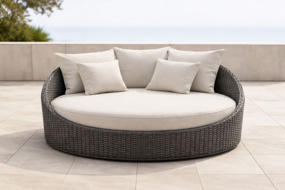 Daybed Rotondo da Esterno in Rattan Grigio con Cuscini Beige