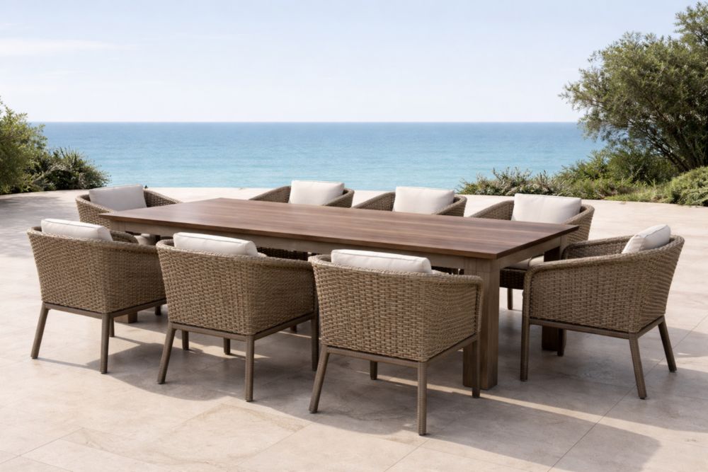 Set da Pranzo Esterno con Tavolo in Legno e Sedie in Rattan