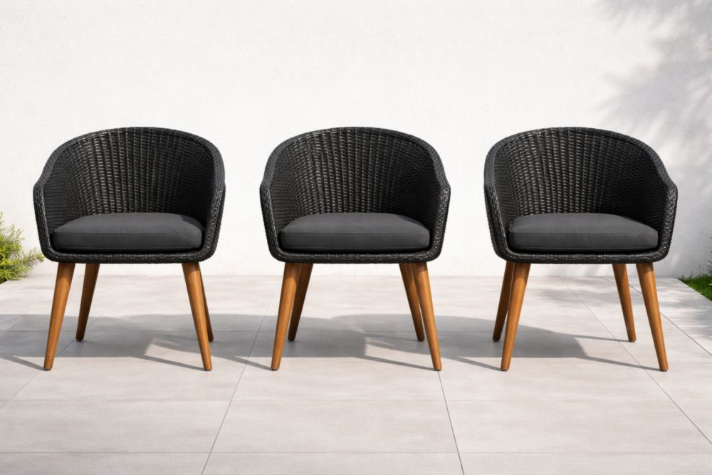 Set di 3 Sedie da Esterno in Rattan Sintetico Nero con Gambe in Legno
