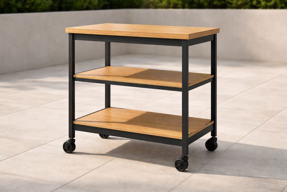 Carrello bar con ripiani in legno e struttura metallica nera