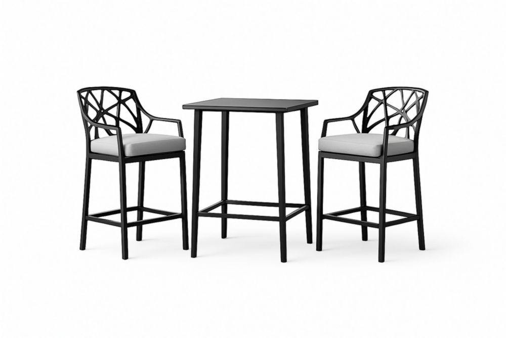 Set tavolo e sedie da bar metallo con cuscini grigi