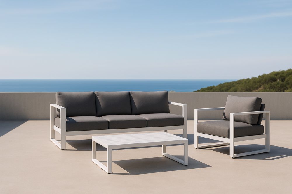 Set di mobili da giardino in alluminio bianco con cuscini grigi