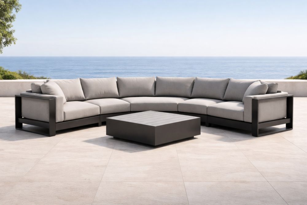 Divano angolare da esterno in alluminio e tessuto grigio con tavolino quadrato