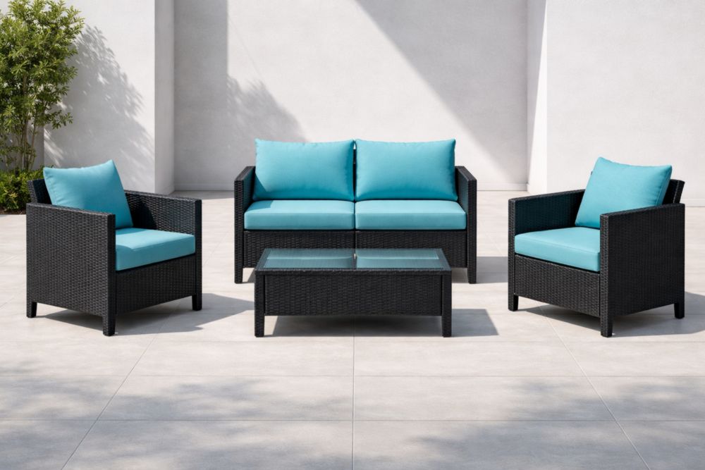 Set da Giardino in Polyrattan Nero con Cuscini Azzurri