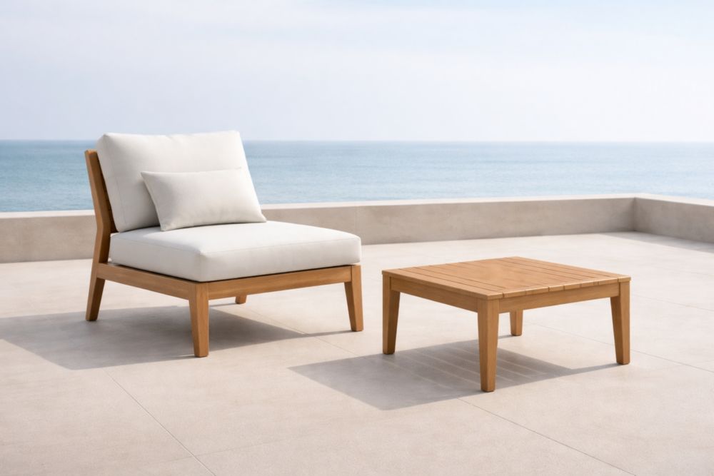 Set da Esterno in Legno con Cuscini Bianchi Inclusi Poltrona e Tavolino