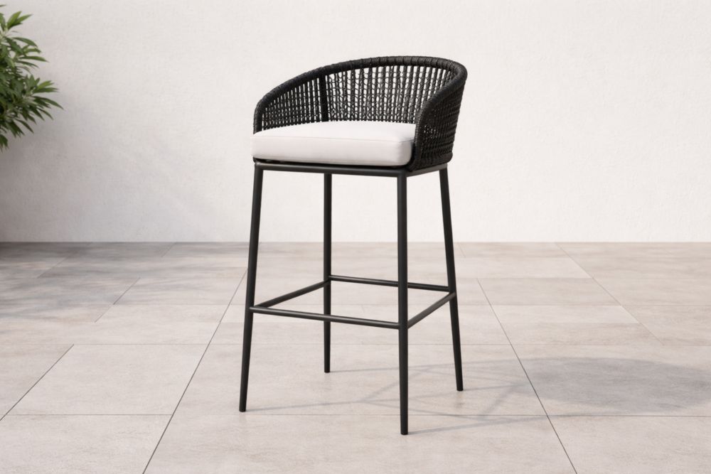 Sgabello in Metallo Nero e Vimini con Seduta Bianca