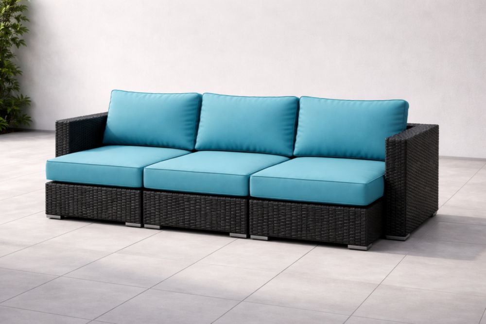 Divano modulare da esterno in rattan sintetico cuscini blu