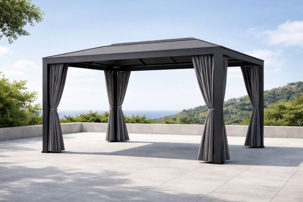 Gazebo da Giardino in Alluminio con Tende Grigio 3x3×2.5m