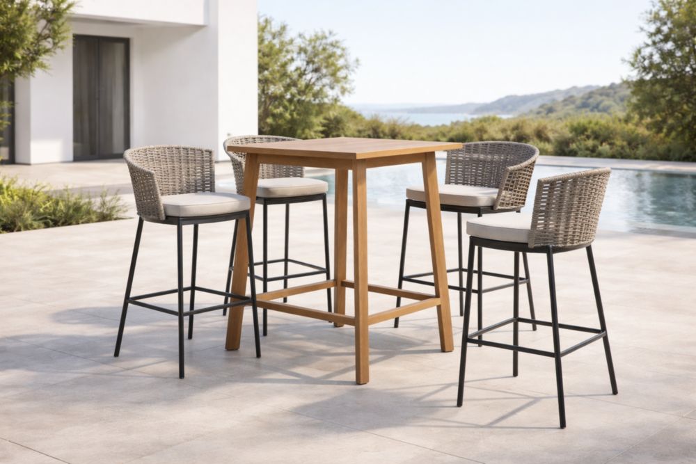 Set di Mobili da Giardino in Legno e Rattan con Sgabelli
