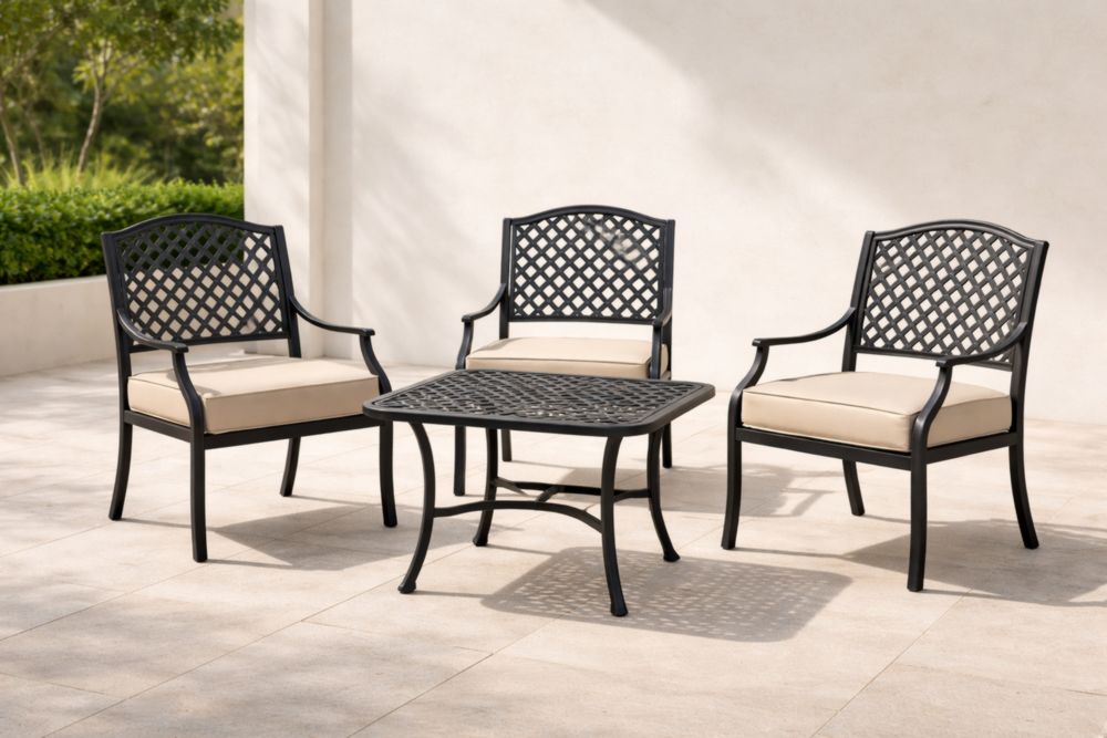 Set da Giardino in Alluminio Nero con Cuscini Crema