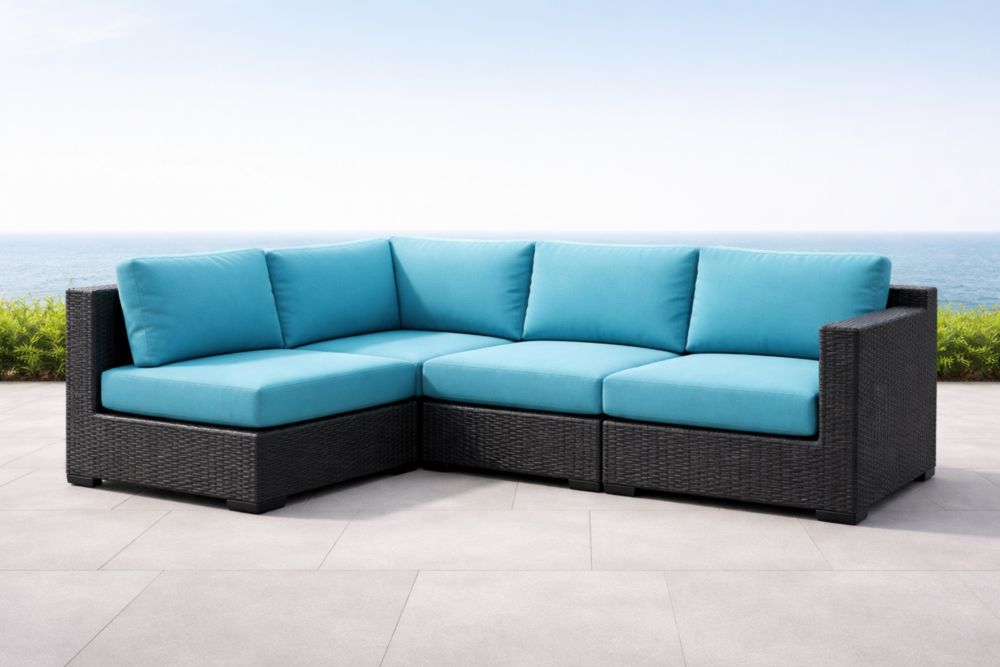 Divano angolare da esterno in rattan nero con cuscini blu