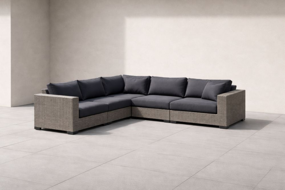 Divano angolare modulare in rattan sintetico grigio scuro