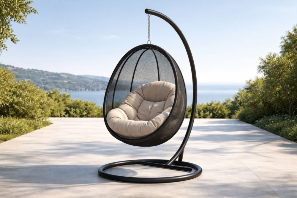 Sedia a Dondolo Sospesa a Uovo in Acciaio e Tessuto Nero