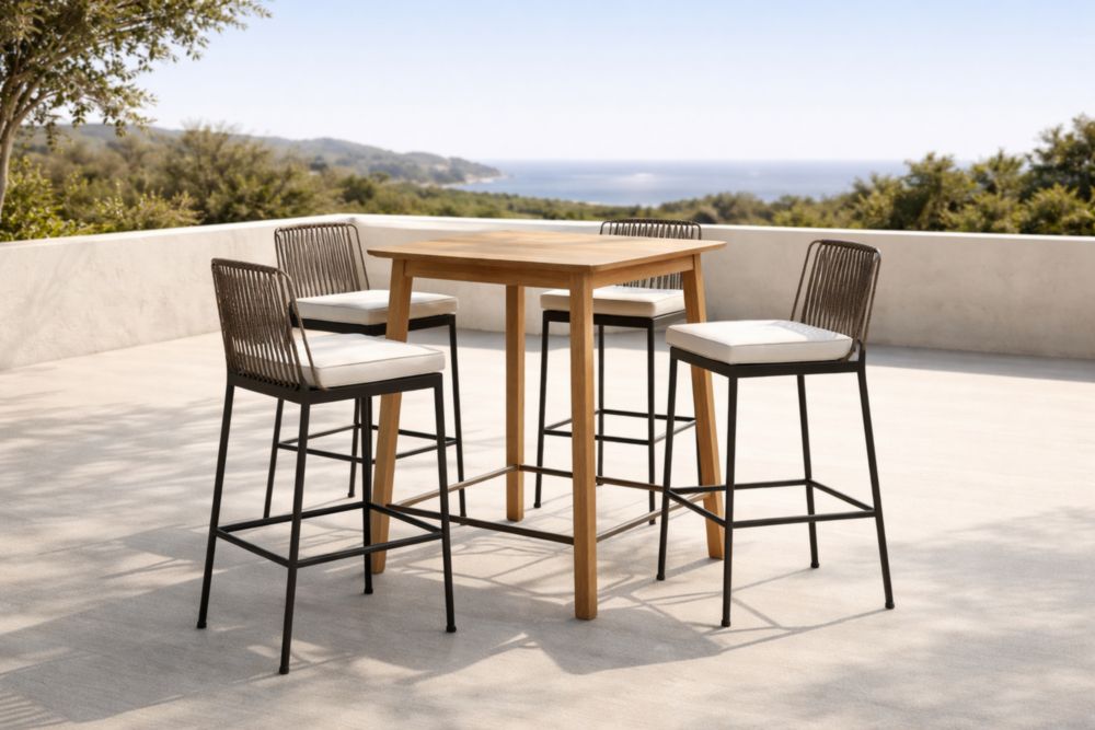 Set tavolo alto e 4 sgabelli da bar in legno di teak e metallo per esterni