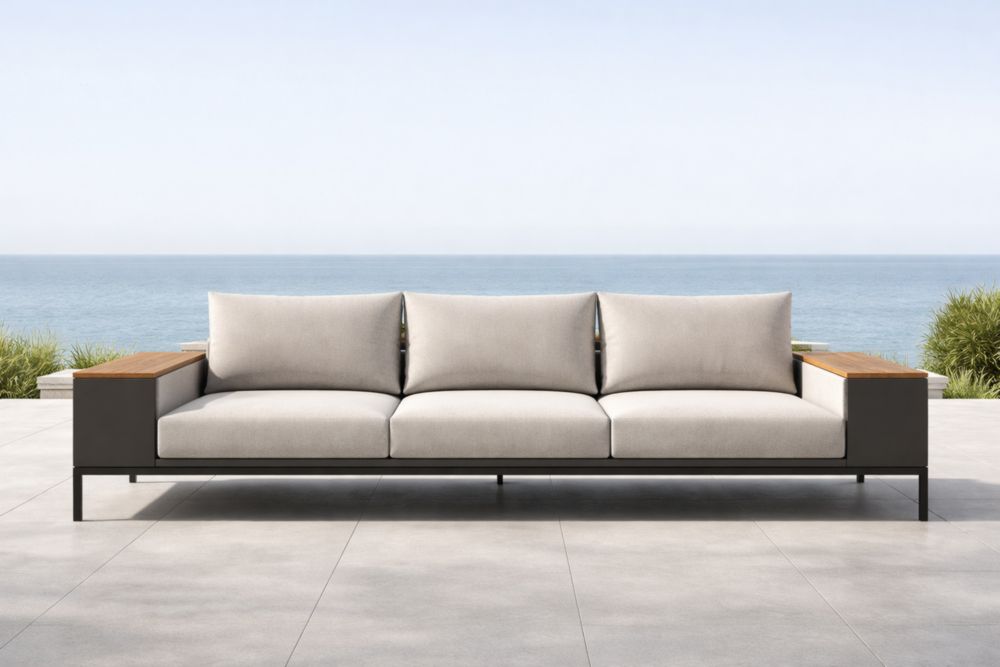 Divano da Esterno in Metallo con Cuscini in Tessuto Grigio e Dettagli in Legno