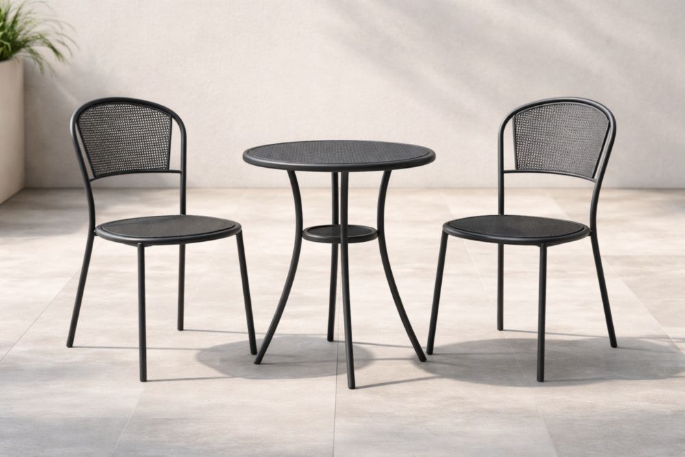 Set giardino acciaio con tavolo rotondo e sedie nere