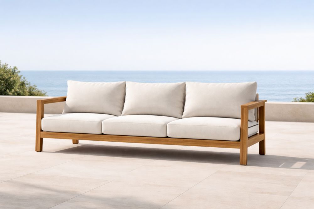 Divano da Esterno in Legno con Cuscini in Tessuto Crema