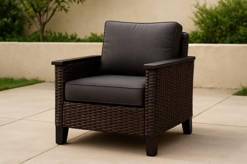 Poltrona in Rattan Sintetico Marrone con Cuscini Grigi