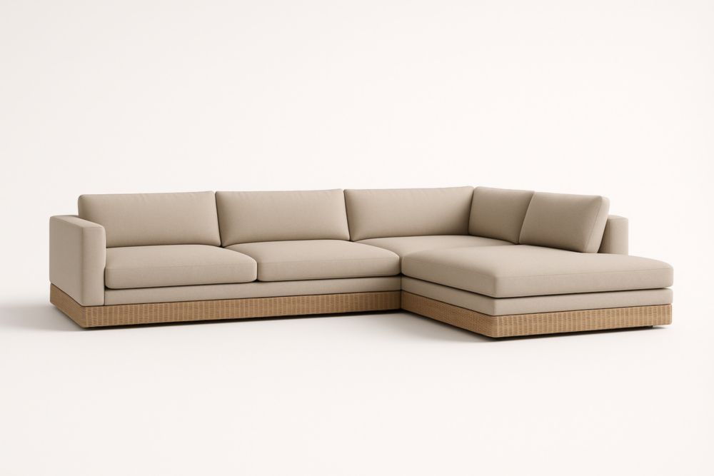 Divano angolare in tessuto beige e rattan