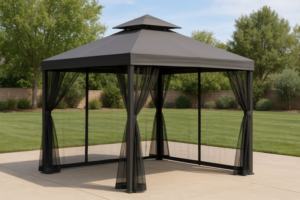 Gazebo in Acciaio e Poliestere Nero con Zanzariera
