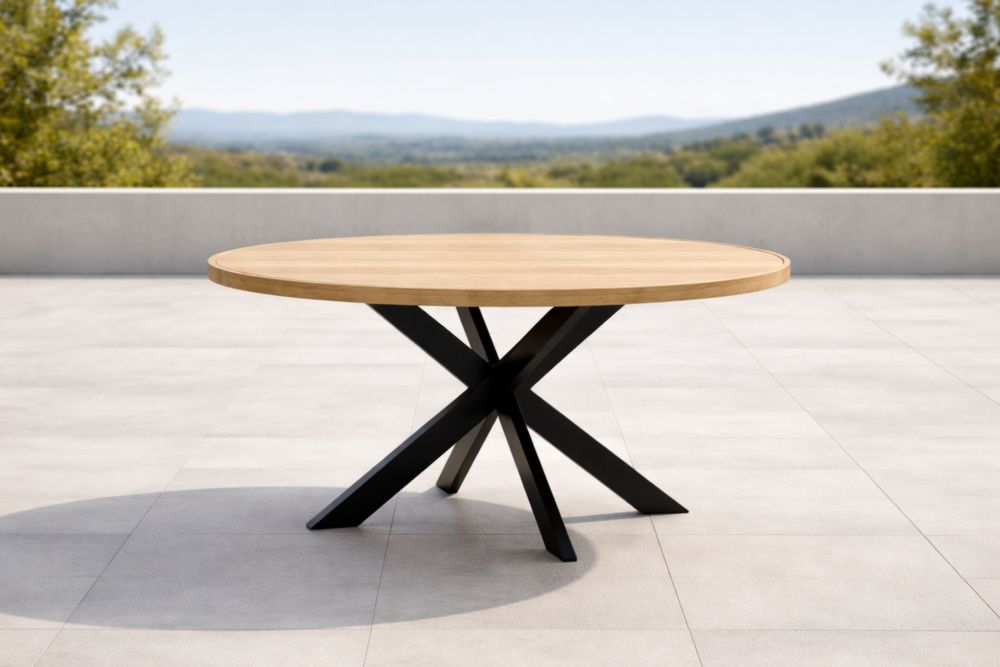 Tavolo rotondo da esterno in legno e metallo nero