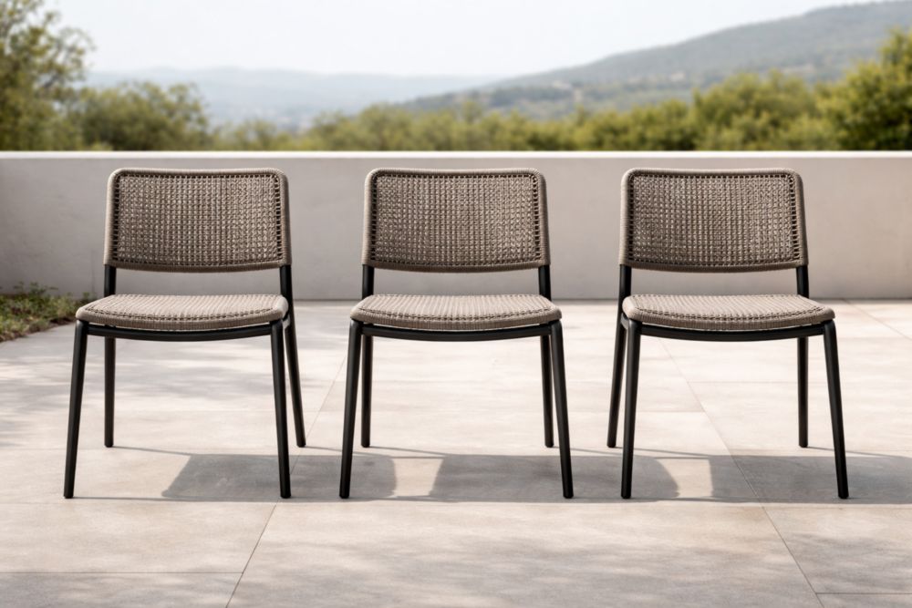 Set di 3 sedie da esterno in metallo e rattan sintetico Marrone Chiaro