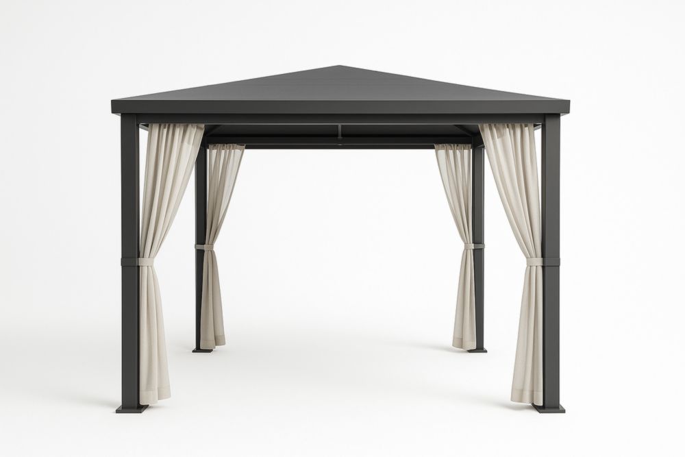 Gazebo in Alluminio Nero con Tende in Poliestere 300x300x260 cm
