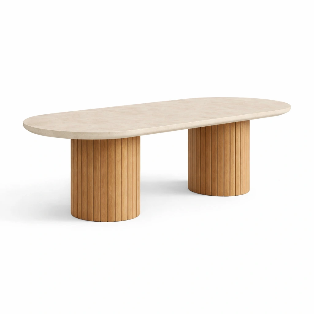 Tavolo ovale in pietra beige e legno naturale-rawlino