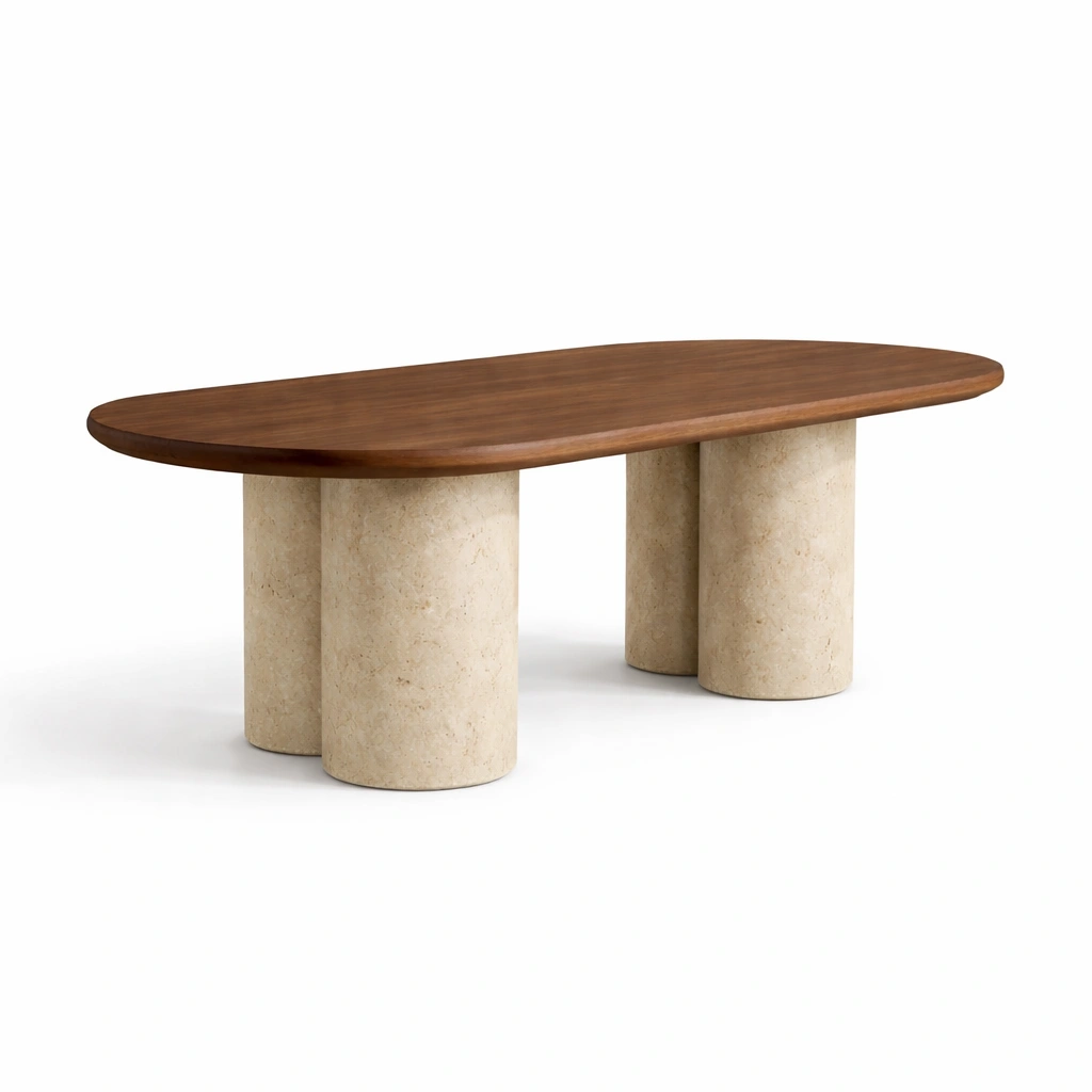Tavolo ovale in legno noce e pietra chiara-rawlino