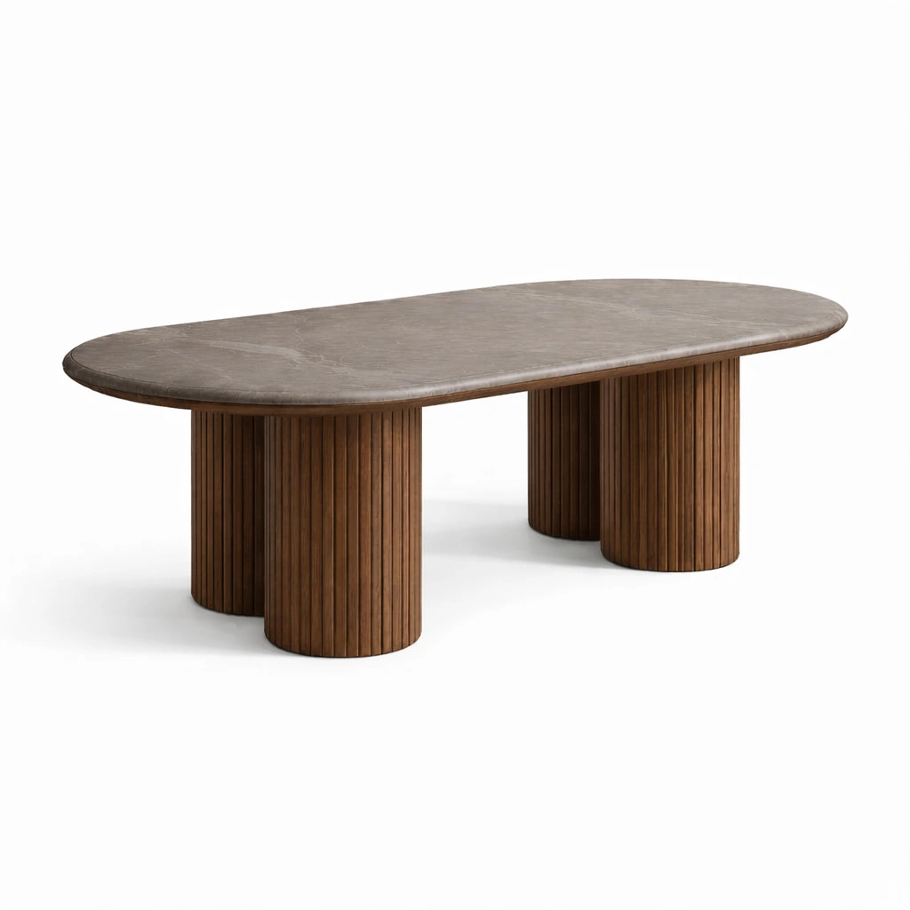 Tavolo ovale in pietra grigia e legno noce-rawlino