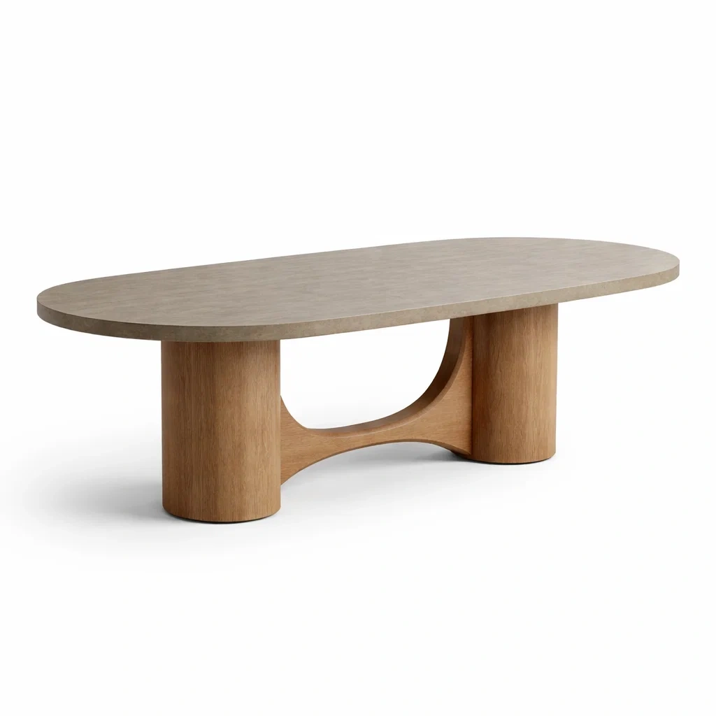 Tavolo ovale in pietra beige e legno naturale-rawlino