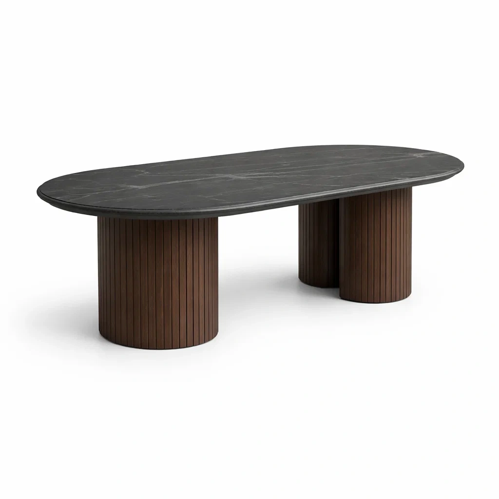 Tavolo ovale in pietra nera e legno scuro scanalato-rawlino