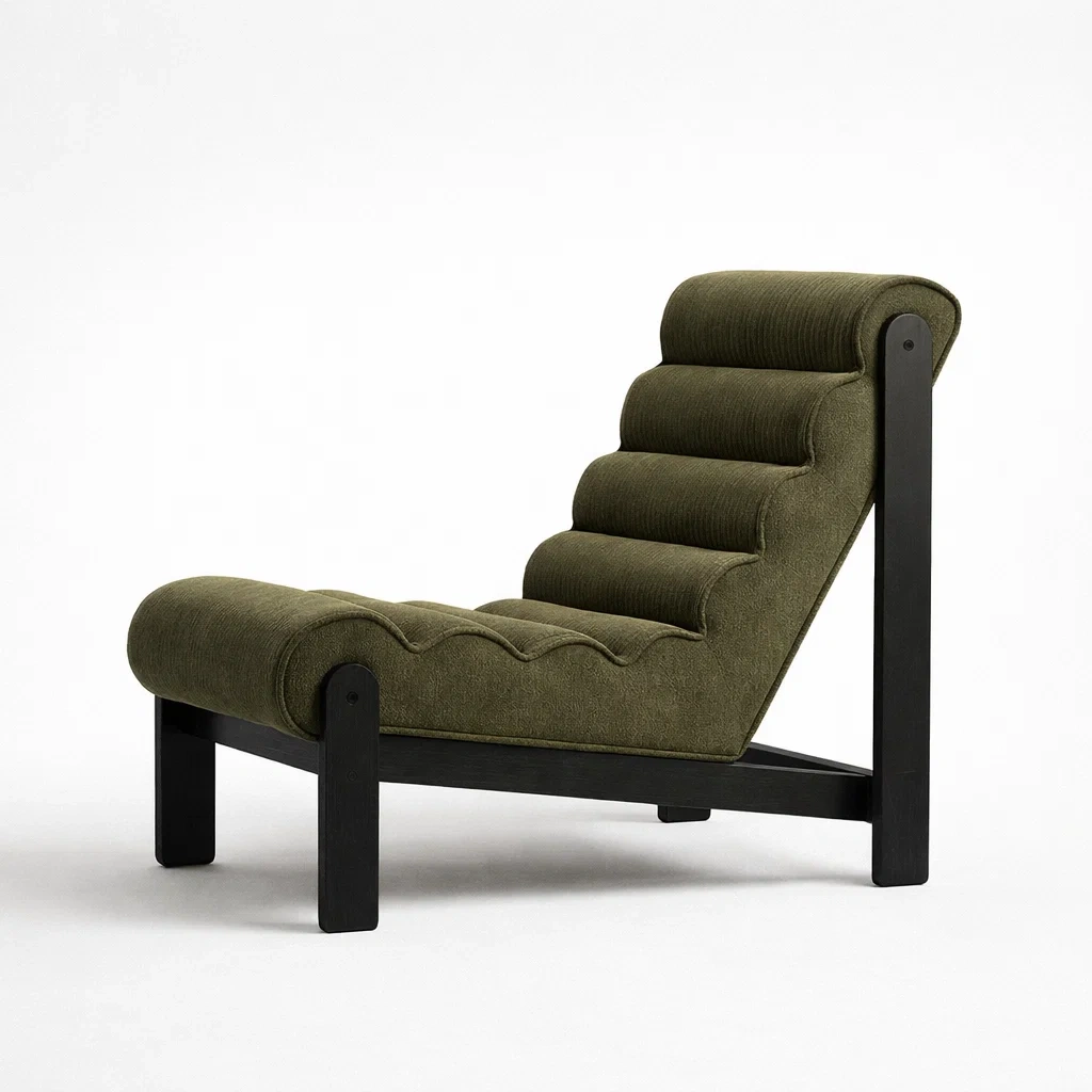 Sedia lounge in legno con rivestimento verde scuro-rawlino