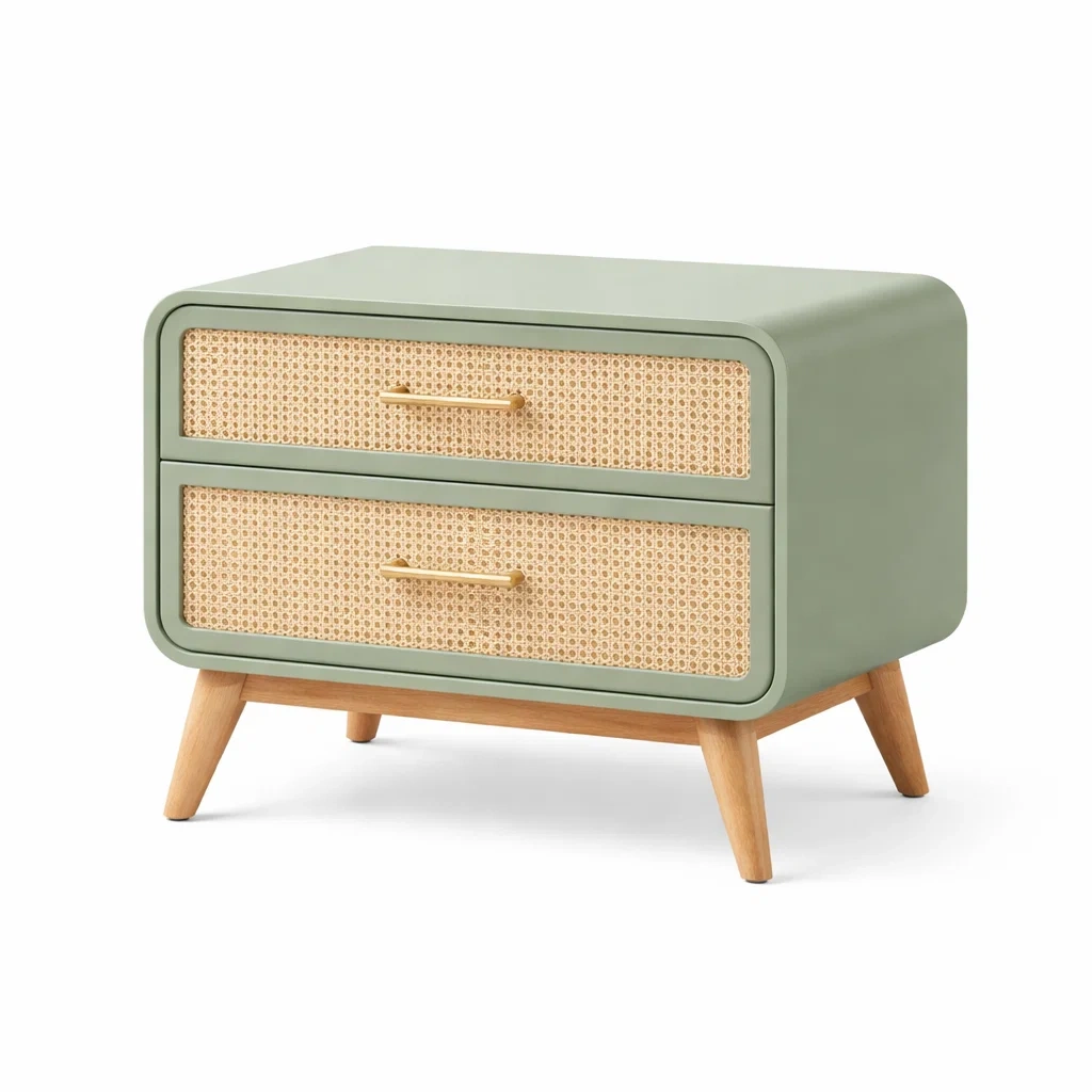 Comodino in legno con due cassetti verde salvia-rawlino