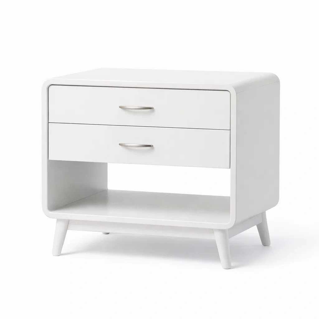 Comodino in legno con cassetti bianchi e vano aperto-rawlino