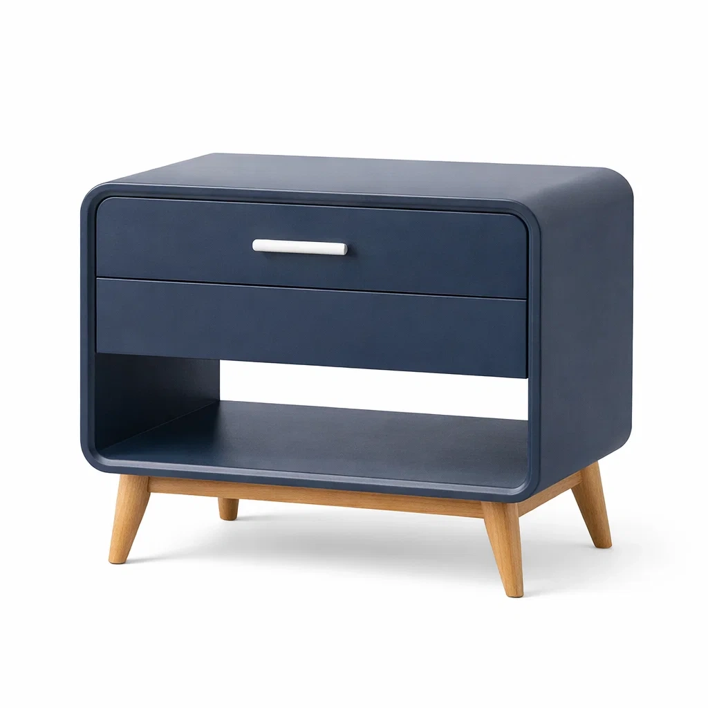 Comodino blu scuro con struttura in legno naturale-rawlino